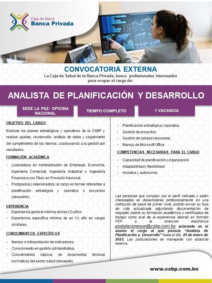 ANALISTA DE PLANIFICACIÓN Y DESARROLLO Trabajando Bolivia