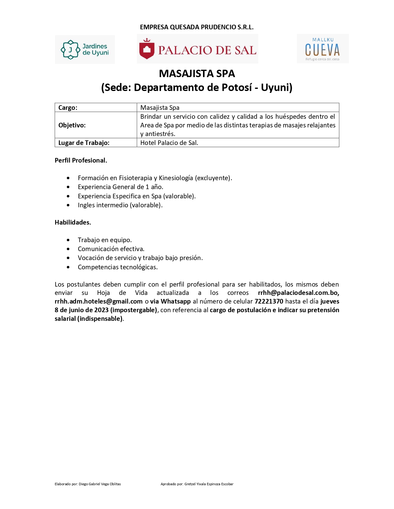 Hotel Palacio de Sal - Convocatoria (Incluye vivienda y alimentación)