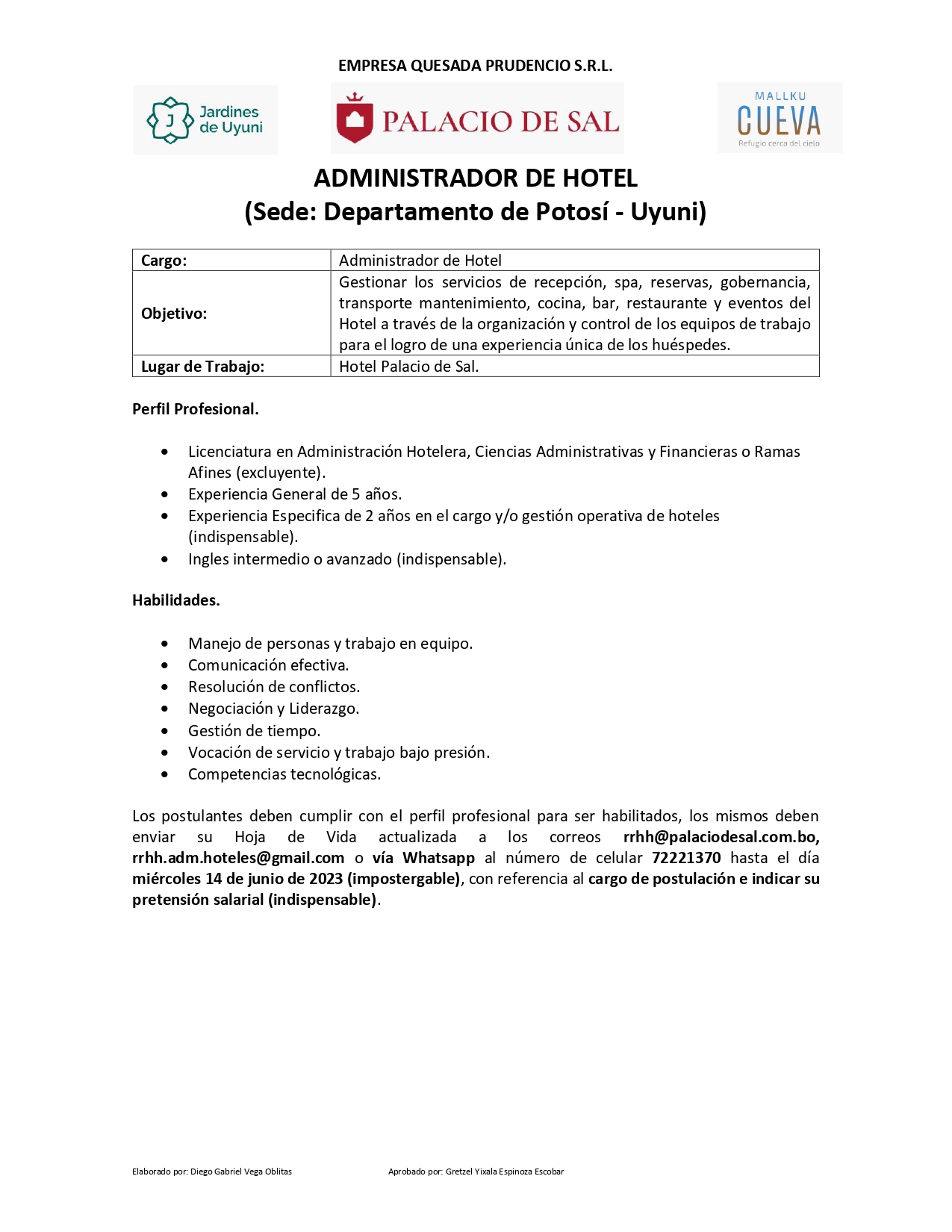 Hotel Palacio de Sal - Convocatoria (Incluye vivienda y alimentación)