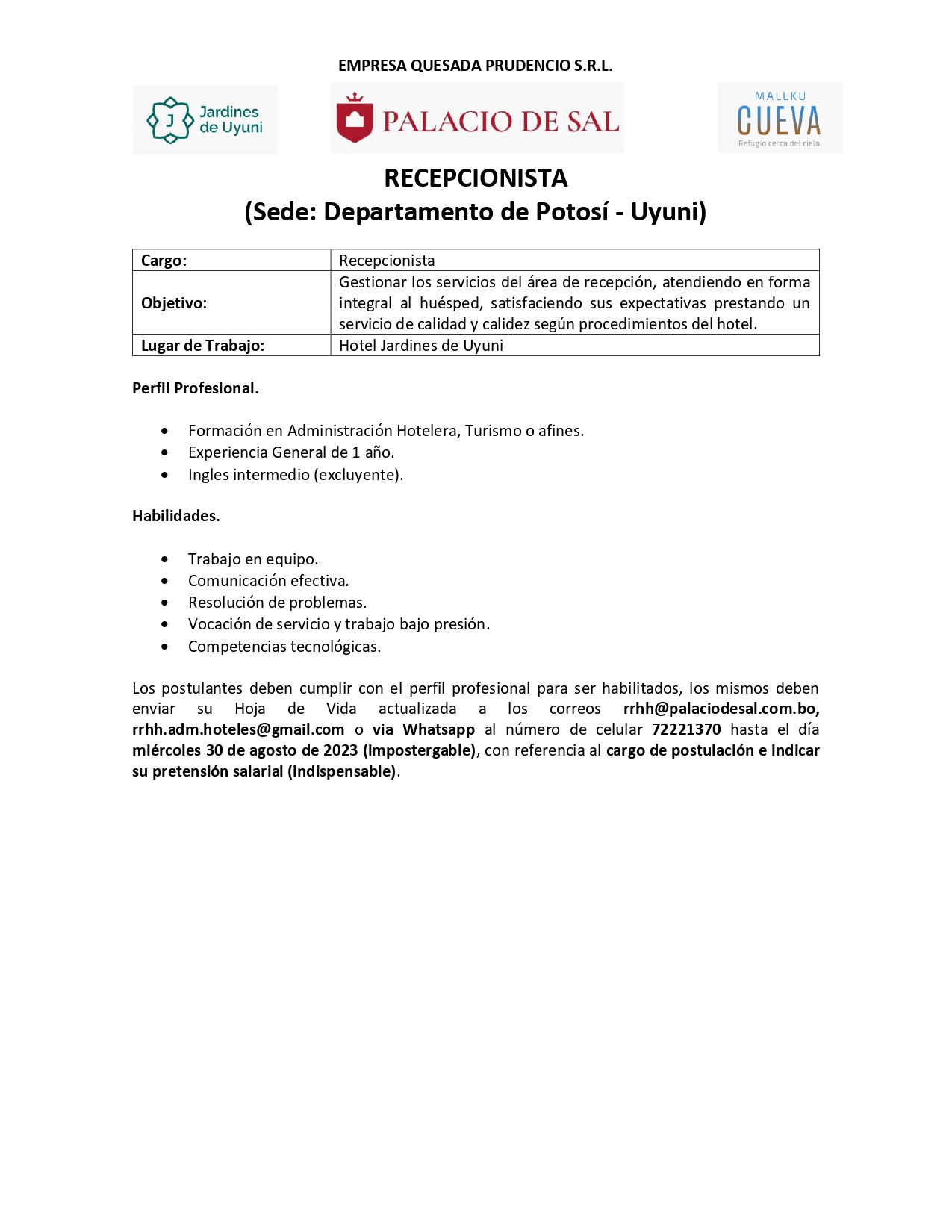 Hotel Jardines de Uyuni - Convocatoria (Incluye vivienda y alimentación)