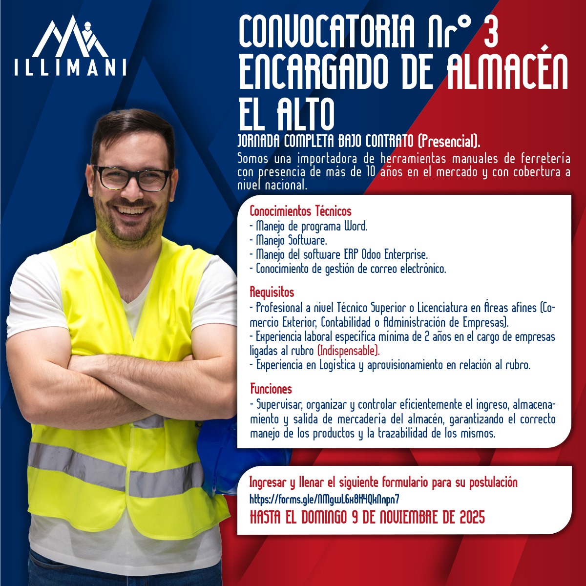 ¡Se parte de nuestro equipo de trabajo! *Link de postulación* https://forms.gle/NMgwL6x8K4QkNnpn7 *Link de contacto RRHH* https://wa.me/59163039743?text=Convocatoria%20Encargado%20de%20Almacen%20