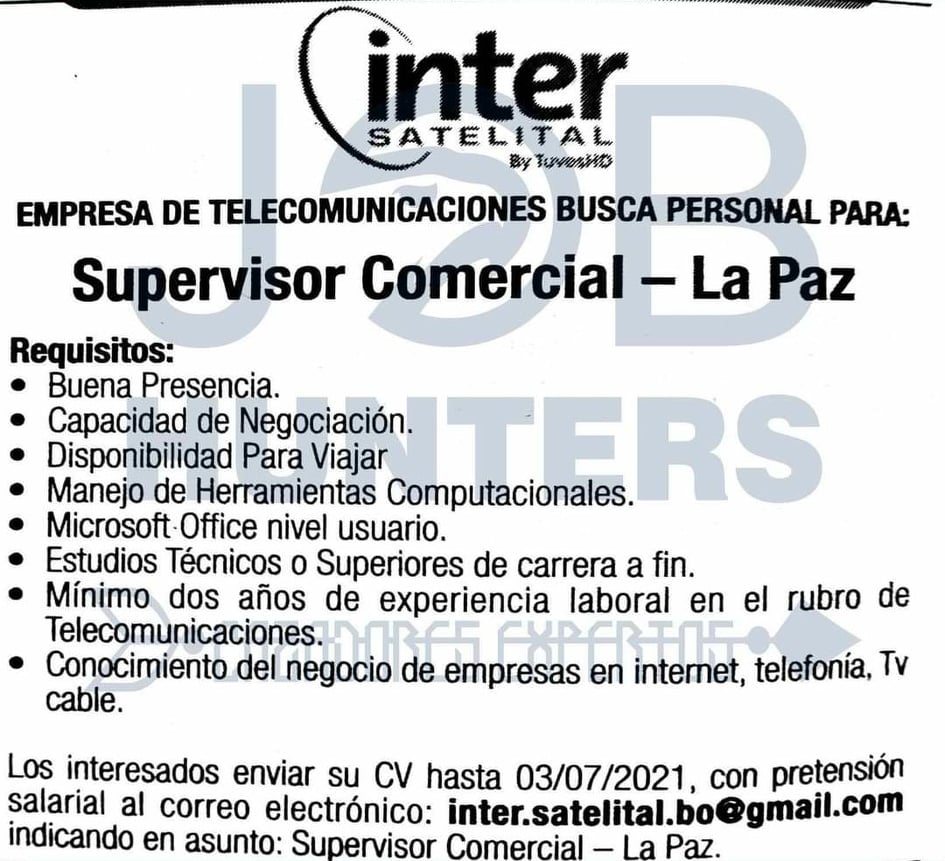 SUPERVISOR COMERCIAL | Trabajando Bolivia