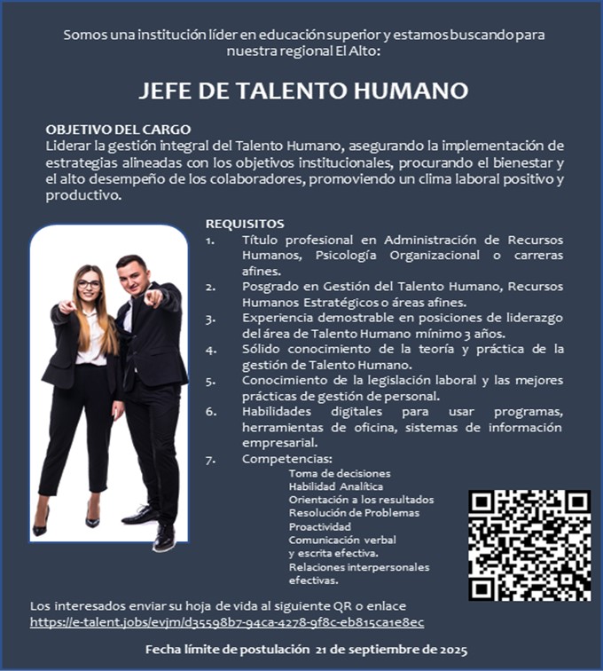 Los interesados enviar su hoja de vida al siguiente o enlace https://e-talent.jobs/evjm/d35598b7-94ca-4278-9f8c-eb815ca1e8ec  Fecha límite de postulación 21 de septiembre de 2025