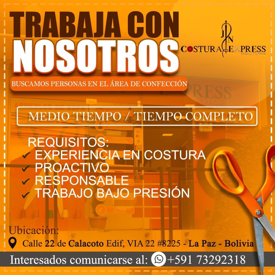 ¡Trabaja con Nosotros!🤩 Estamos buscando personas en el área de confección para medio tiempo y tiempo completo, manda tu solicitud al número de WhastApp 💬🟢 y únete a nuestra gran familia😎. 