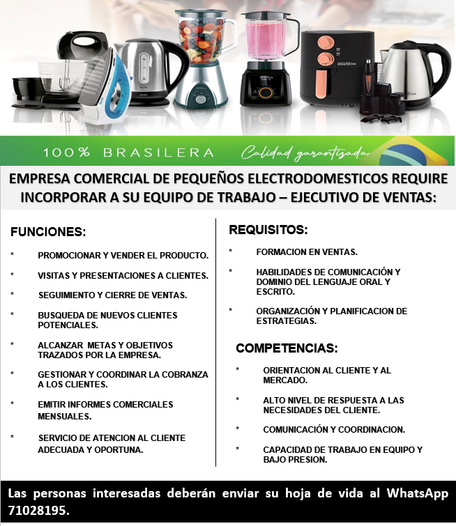 EMPRESA COMERCIAL DE PEQUEÑOS ELECTRODOMESTICOS REQUIRE INCORPORAR A SU EQUIPO DE TRABAJO – EJECUTIVO DE VENTAS