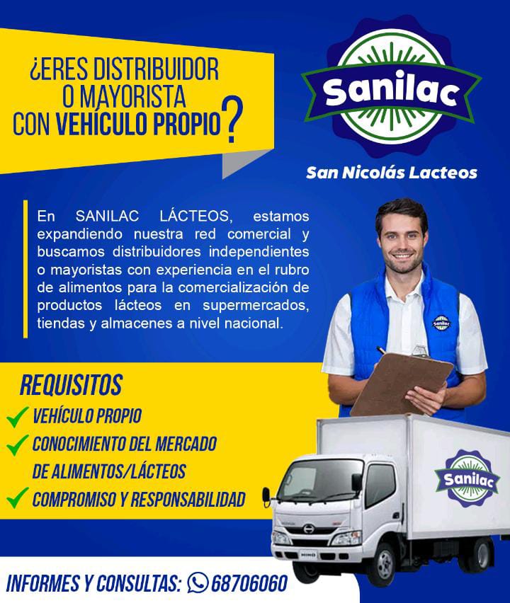 En SANILAC LÁCTEOS estamos expandiendo nuestra red comercial y buscamos distribuidores independientes o mayoristas con experiencia en el rubro de alimentos para la comercialización de productos lácteos en supermercados, tiendas y almacenes a nivel nacional.