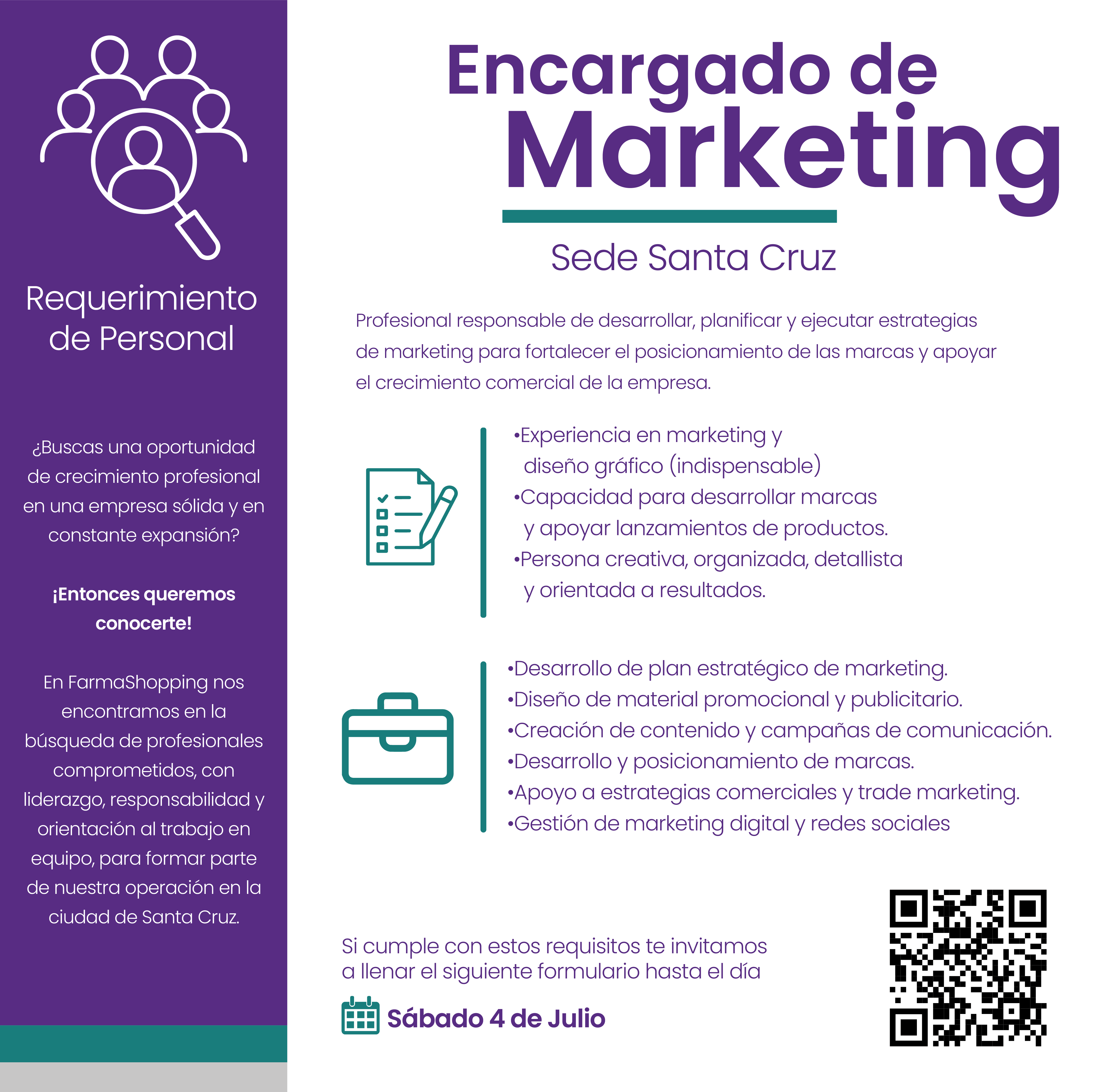 Profesional responsable de desarrollar, planificar y ejecutar estrategias de marketing para fortalecer el posicionamiento de las marcas y apoyar el crecimiento comercial de la empresa.