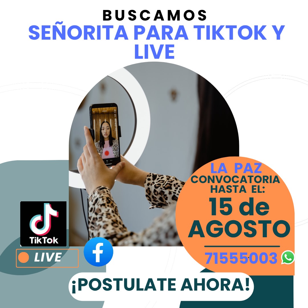 Objetivo: Presentar características y principales bondades de la variedad de los servicios, los  precios (en cada línea) y otros  a través de transmisiones en vivo, explicando modalidad para obtener los servicios y facilitando números de contacto así como la resolución de dudas. El objetivo de la comunicación es captar a futuros clientes, así como reforzar los lazos comerciales de confiabilidad y fidelidad de nuestros clientes. HABILIDADES O COMPETENCIAS: Atención al cliente, Carismatica, claridad de propósito, elocuencia y empatía, comunicación asertiva, dinámica, conocimiento de Redes Sociales, otros. Tipo de puesto:  horarios flexibles y/o Medio tiempo. Experiencia: Ventas 1 año (Deseable) Contacto:  Enviar hoja de vida y/o su postulación al whatsapp  71555003
