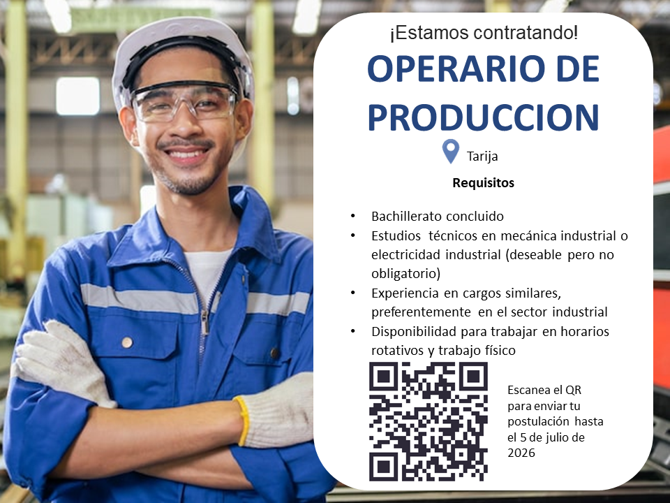  OPERARIO DE PRODUCCION  Requisitos  Bachillerato concluido  Estudios  técnicos en mecánica industrial o electricidad industrial (deseable pero no obligatorio) Experiencia en cargos similares, preferentemente en el sector industrial Disponibilidad para trabajar en horarios rotativos y trabajo físico   Si cumples los requisitos ESCANEA el QR  o ingresa al link https://forms.gle/MwGEowcmWNGJRjJg6para enviar tu postulación  hasta el 5 de julio de 2026