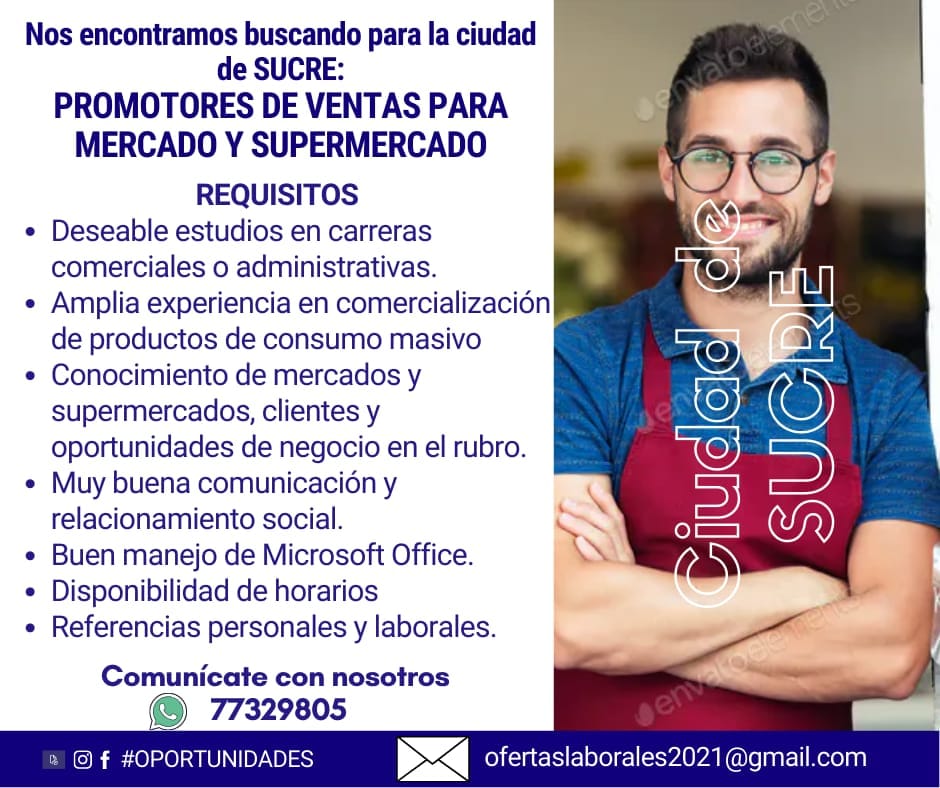 PROMOTORES DE VENTAS MERCADO Y SUPERMERCADO | Trabajando Bolivia