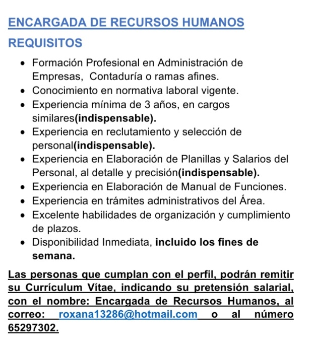 ENCARGADA DE RECURSOS HUMANOS 