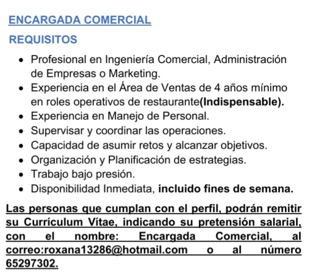 ENCARGADA COMERCIAL 