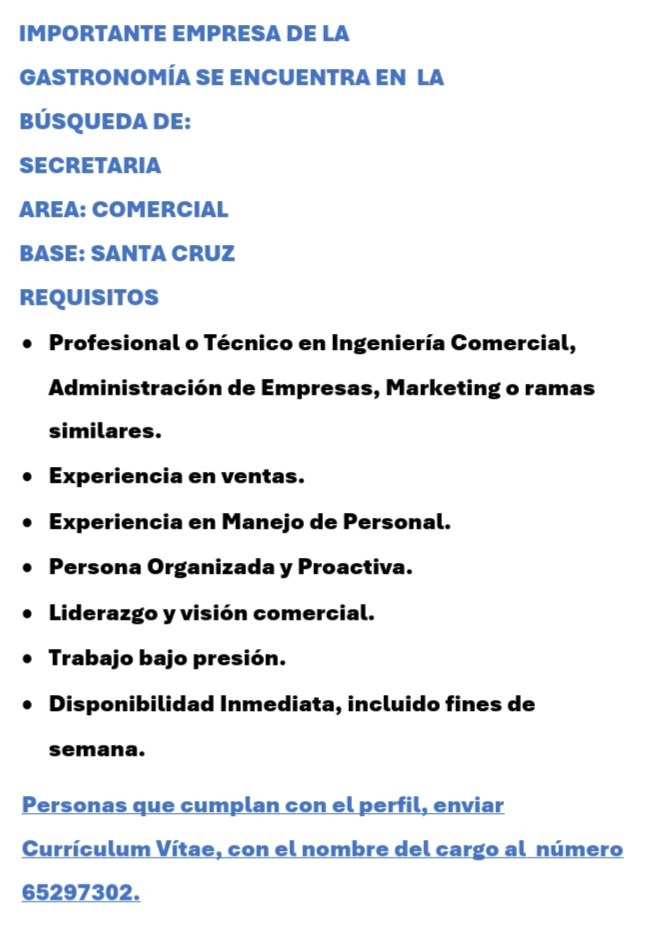 Enviar CV,  al número 65297302.