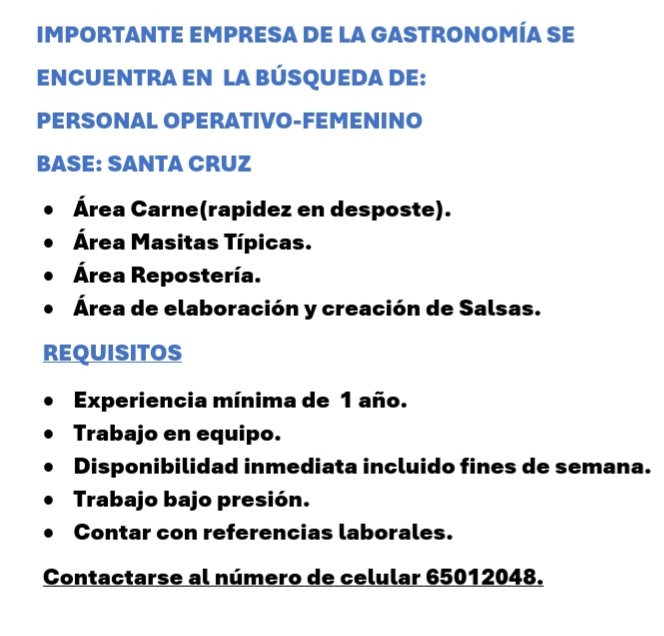 PERSONAL OPERATIVO-SANTA CRUZ-CONTACTARSE AL 65012048