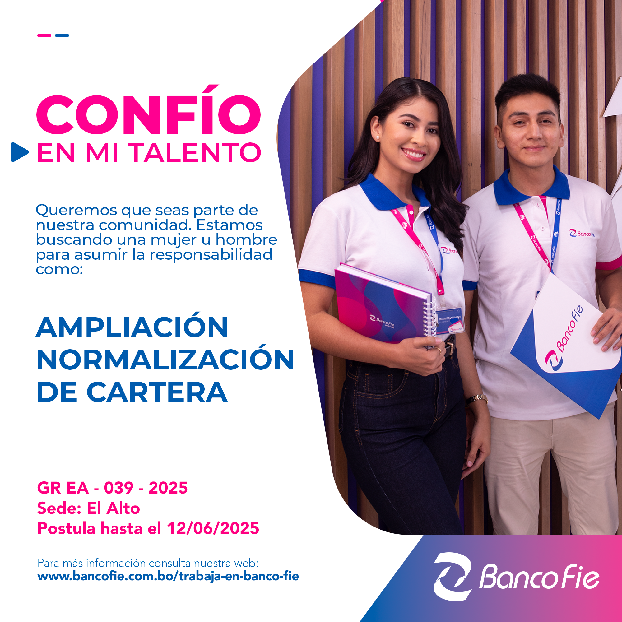 ¡Forma parte de nuestro equipo! Postúlate o etiqueta a una amiga o amigo. Ingresa al link del cargo para postularte: - Normalización de Cartera - El Alto https://www.bancofie.com.bo/trabaja-en-banco-fie/convocatorias