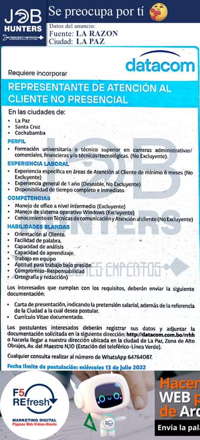 Representante De AtenciÓn Al Cliente Trabajando Bolivia 0185