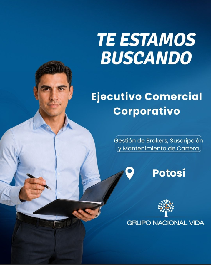 Gracias por postularte 📢 ¡Estamos buscando un/a Ejecutivo Comercial Corporativo! 📍 Potosí | Tiempo completo 🤝 Contrato: Indefinido En Nacional Seguros buscamos incorporar a nuestro equipo a un/a Ejecutivo Comercial Corporativo. Si eres una persona con pensamiento estratégico, alta orientación al detalle, visión sistémica y pasión por el relacionamiento comercial, ¡este reto es para ti! 🎯 Tu principal desafío será: Incrementar las ventas nuevas, mantener la cartera vigente y mejorar el servicio de atención a clientes y brokers. 🔎 ¿Qué harás en este rol? : ✅ Gestionar y desarrollar la cartera de clientes corporativos, brokers y cuentas directas. ✅ Identificar oportunidades comerciales mediante venta cruzada, venta adicional, recuperación y captación de clientes. ✅ Coordinar procesos comerciales y operativos de nuevas pólizas, renovaciones, anexos, emisión y documentación. ✅ Brindar atención, asesoramiento y seguimiento a requerimientos de clientes, brokers y casos de siniestro. ✅ Elaborar análisis de siniestralidad, reportes comerciales, indicadores de gestión y actualización de bases de datos. 👤 ¿Qué perfil buscamos? 🎓 Formación: Titulado/a o Egresado/a en carreras comerciales, administrativas, Ingeniería Industrial o carreras afines. 💼 Experiencia: 1 año en cargos similares (No excluyente). 📊 Paquete computacional: Manejo de Office a nivel intermedio (Excel es un requisito excluyente). 🧠 Conocimientos: Conocimiento en seguros (Deseable). 💡 Competencias y Valores que valoramos: 🤝 Corporativas: Solidaridad, Responsabilidad y Compromiso, Honestidad y Transparencia, Confianza y Respeto. 🧩 Técnicas/Específicas: Trabajo en equipo, Visión Sistémica, Pensamiento Estratégico, Innovación y Orientación al detalle. 🌟 ¿Por qué sumarte? Formarás parte de una compañía sólida y humana en el sector asegurador, donde tu proactividad comercial y orden administrativo sumarán directamente al crecimiento del negocio, desenvolviéndote bajo políticas de alta calidad y ética institucional. 📩 ¿Cumples con el perfil? ¡Postúlate ahora! 📲 Ingresa al enlace de nuestro formulario Nota: En caso de tener algún inconveniente, puedes contactarte vía WhatsApp al: 74410025
