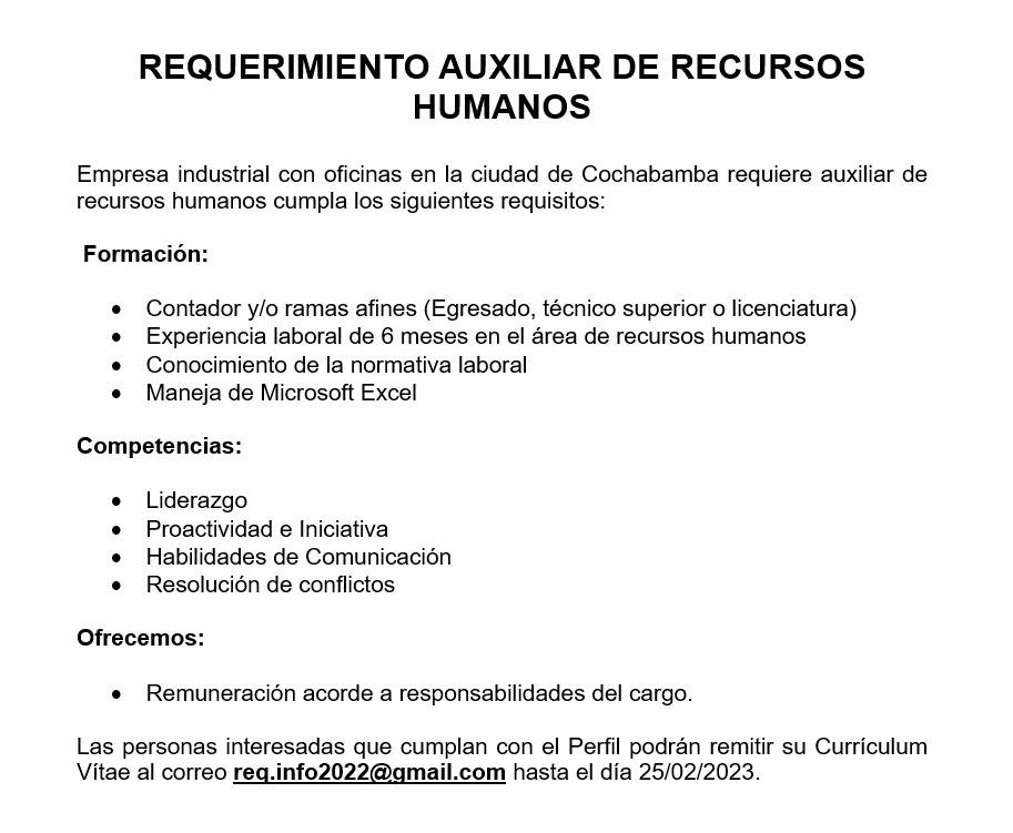 AUXILIAR DE RECURSOS HUMANOS | Trabajando Bolivia