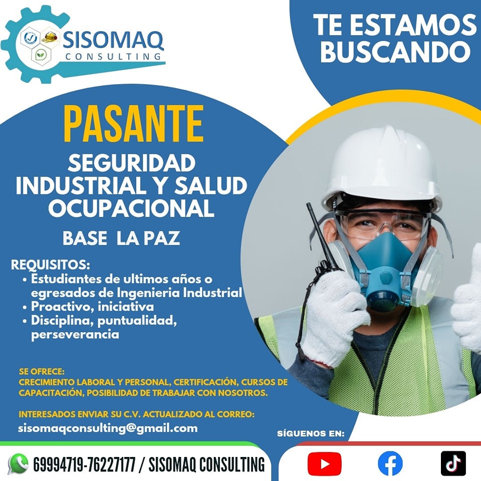 PASANTE EN SEGURIDAD INDUSTRIAL Y SALUD OCUPACIONAL | Trabajando Bolivia